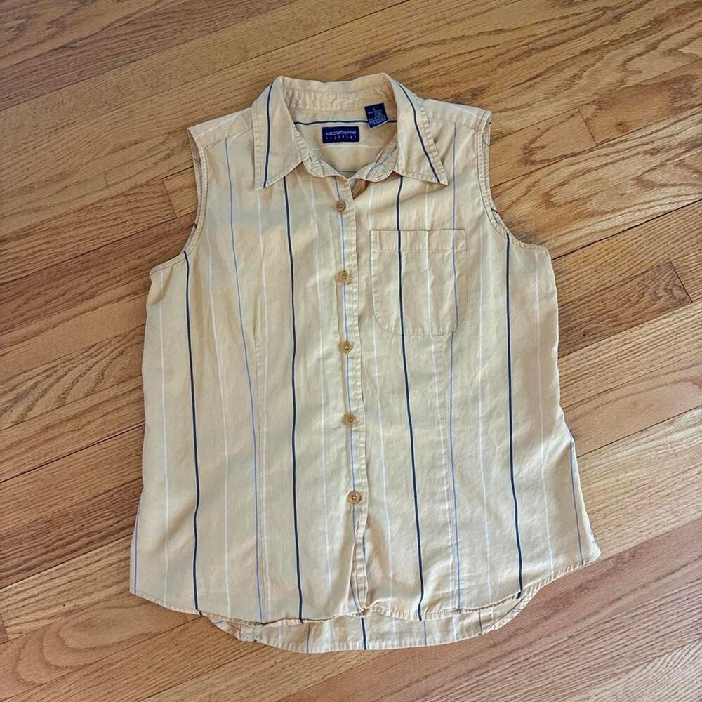 Vintage Liz Claiborne Cotton Yellow Striped Sleeveless Button Up